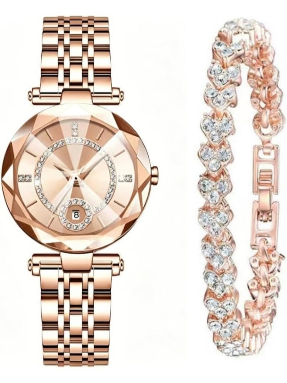 Women's Rose Gold Rhinestone Bracelet Creative Stainless Steel Strap Wristwatch
